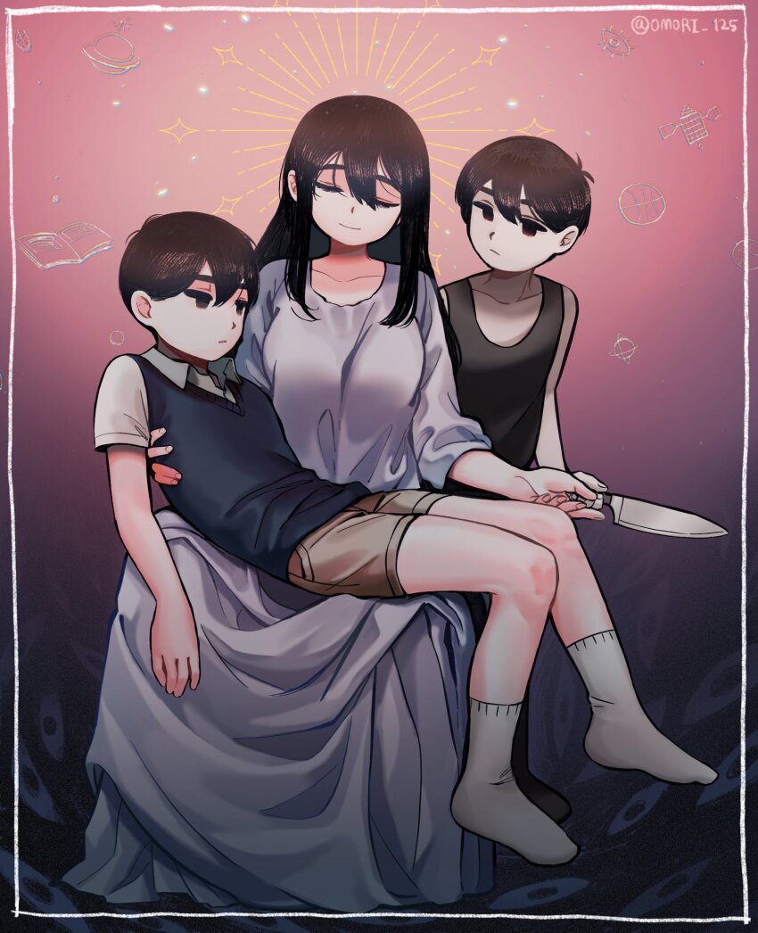 1girl, 2boys, ankle_socks, bare_arms, bare_shoulders, black_background, black_eyes, black_hair, black_socks, black_sweater_vest, black_tank_top, breasts, brother_and_sister, closed_eyes, closed_mouth, collarbone, collared_shirt, colored_skin, commentary, double-parted_bangs, dress, dual_persona, empty_eyes, fingernails, frown, full_body, gokun, gradient_background, hair_behind_ear, hair_between_eyes, hand_on_another's_back, highres, holding, holding_knife, inset_border, jesus, knees_together_feet_apart, knife, large_breasts, long_dress, long_hair, looking_at_another, mari_(faraway)_(omori), mari_(omori), multiple_boys, no_pupils, no_shoes, omori, omori_(omori), pink_background, shirt, short_hair, short_sleeves, siblings, sidelocks, sitting, sitting_on_lap, sitting_on_person, smile, socks, something_(omori), sparkle, straight_hair, sunny_(omori), sweater_vest, tank_top, twitter_username, u_u, white_dress, white_shirt, white_skin, white_socks