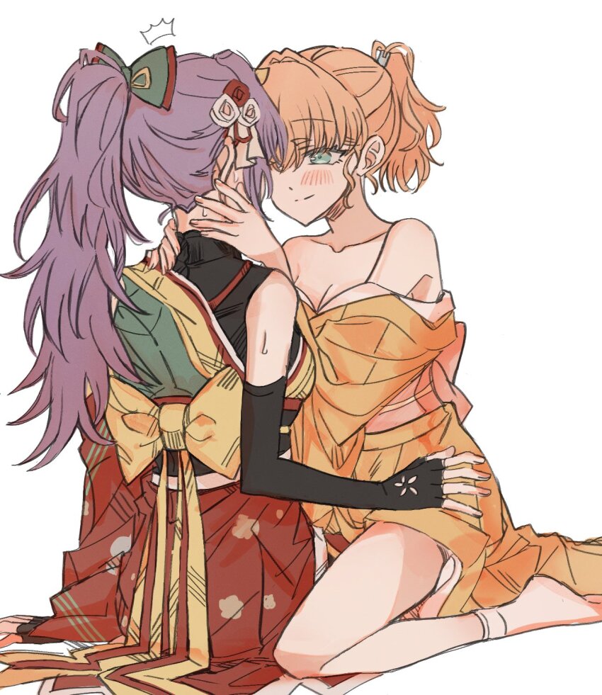 2girls, ^^^, alternate_costume, bare_shoulders, barefoot, black_gloves, blush, bow