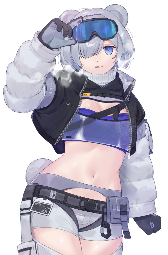 1girl, akagashi_hagane, animal_ears, arknights, arknights:_endfield, aurora_(arknights), bear_ears, bear_girl, bear_tail, belt, belt_pouch, black_gloves, black_jacket, blue_eyes, breasts, breath, closed_mouth, cowboy_shot, crop_top, cropped_jacket, extreme_crop_top, genshin_impact, gloves, goggles, goggles_on_head, grey_hair, grey_shorts, hair_over_one_eye, jacket, long_sleeves, looking_at_viewer, midriff, navel, open_clothes, open_jacket, parted_lips, pouch, short_hair, short_shorts, shorts, small_breasts, smile, snowshine_(arknights), solo, tail, unzipped, white_background