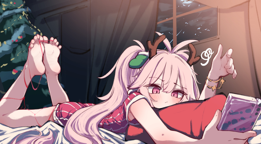 1girl, :/, absurdres, antlers, armpit_crease, armpit_peek, bare_legs, barefoot