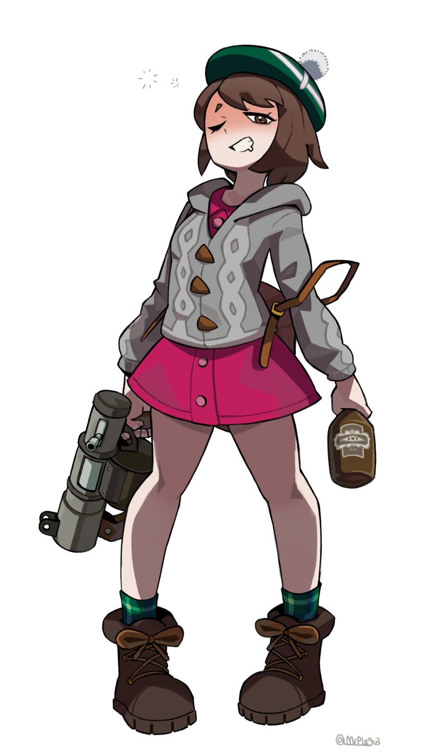 1girl, :d, absurdres, alcohol, aran_sweater, arms_at_sides, artist_name, backpack