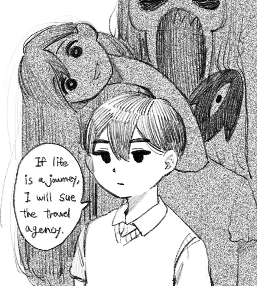 1boy, 2girls, amputee, armless_amputee, bright_pupils, brother_and_sister, collared_shirt, double-parted_bangs, english_text, gokun, greyscale, grin, hair_behind_ear, hair_between_eyes, hellmari_(omori), highres, long_hair, looking_at_another, mari_(faraway)_(omori), mari_(omori), monochrome, multiple_girls, multiple_persona, omori, rokurokubi, sharp_teeth, shirt, short_hair, short_sleeves, siblings, simple_background, smile, something_(omori), speech_bubble, sunny_(omori), sweater_vest, teeth, upper_body, white_background