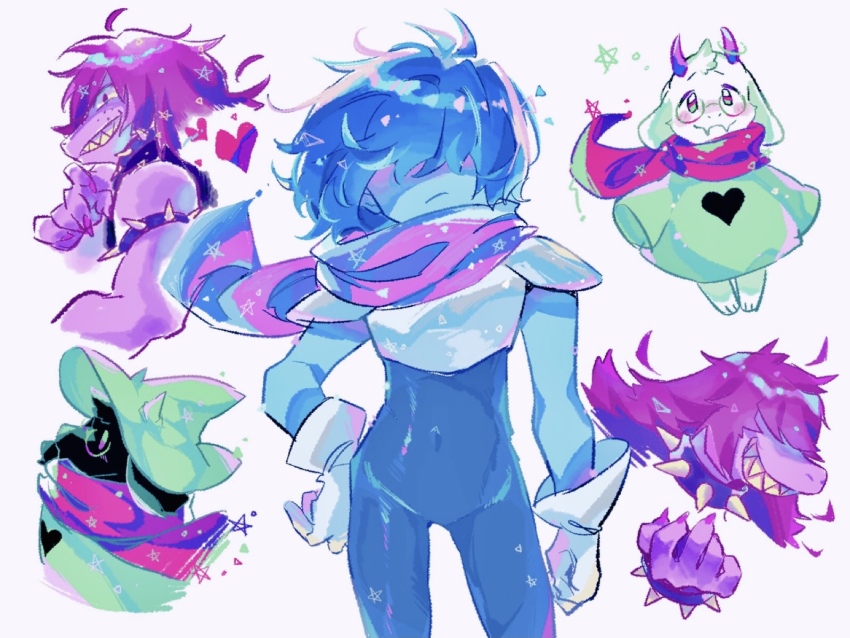 1boy, 1girl, 1other, armor, black_bodysuit, black_fur, blue_hair, blue_skin