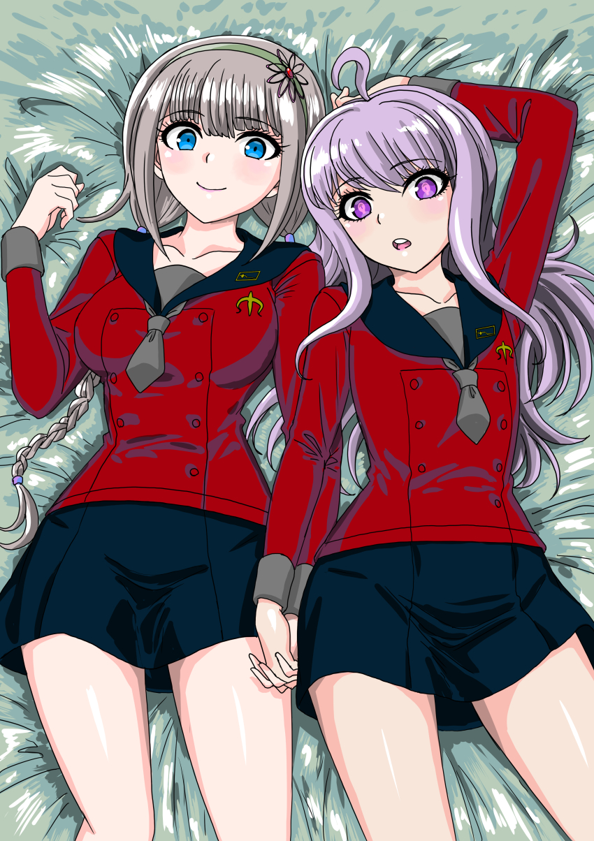 1boy, 1girl, absurdres, ahoge, arm_at_side, arm_up, bed_sheet, black_sailor_collar, black_skirt, blue_eyes, blunt_bangs, blush, braid, breasts, bright_pupils, brown_hair, closed_mouth, commentary_request, cowboy_shot, crossdressing, eyelashes, green_hairband, hair_spread_out, hairband, hand_up, highres, holding_hands, interlocked_fingers, junu_(junudonkochan), kurumi_wendy, long_hair, long_sleeves, looking_at_viewer, lying, master_detective_archives:_rain_code, medium_breasts, miniskirt, official_alternate_costume, official_alternate_hairstyle, on_back, open_mouth, purple_eyes, purple_hair, red_shirt, sailor_collar, school_uniform, serafuku, shirt, side-by-side, skirt, smile, spoilers, trap, twin_braids, yuma_kokohead