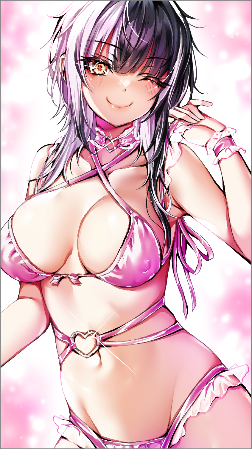 1girl, bikini, black_hair, breasts, closed_mouth, halterneck, heart, heart_o-ring