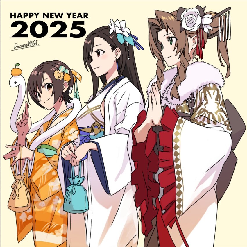 2025, 3girls, aerith_gainsborough, aerith_gainsborough_(festive_crimson_attire), alternate_costume, aqua_bag, artist_name, bag, black_hair, blue_sash, braid, braided_ponytail, brown_eyes, brown_hair, brown_sash, chinese_zodiac, commentary, crossed_fingers, decoponmagi, english_text, feet_out_of_frame, final_fantasy, final_fantasy_vii, flower, food, frilled_sleeves, frills, fruit, fur-trimmed_kimono, fur_scarf, fur_trim, gold_trim, green_eyes, green_sash, hair_flower, hair_intakes, hair_ornament, hair_over_shoulder, happy_new_year, highres, holding, holding_bag, japanese_clothes, kimono, looking_afar, looking_ahead, looking_at_viewer, looking_to_the_side, mandarin_orange, multiple_girls, new_year, obi, orange_trim, own_hands_together, praying, red_eyes, red_trim, sash, short_hair, side-by-side, sidelocks, signature, snake, snake_wrapped_around_neck, standing, swept_bangs, tifa_lockhart, tifa_lockhart_(festive_blue_daffodil_attire), white_flower, white_kimono, white_snake, wide_sleeves, year_of_the_snake, yellow_background, yellow_bag, yellow_kimono, yuffie_kisaragi
