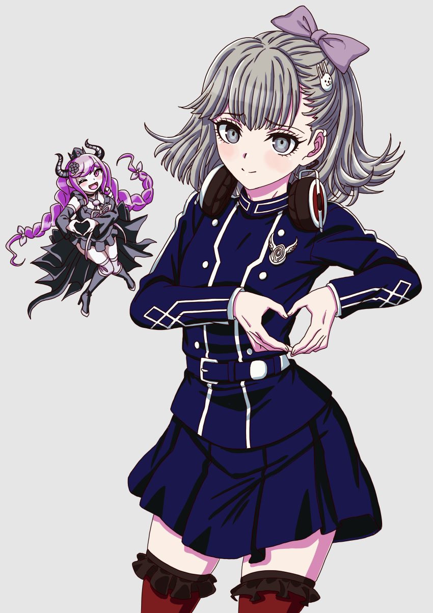 2girls, ;d, absurdres, black_dress, black_flower, black_footwear, black_horns, blue_jacket