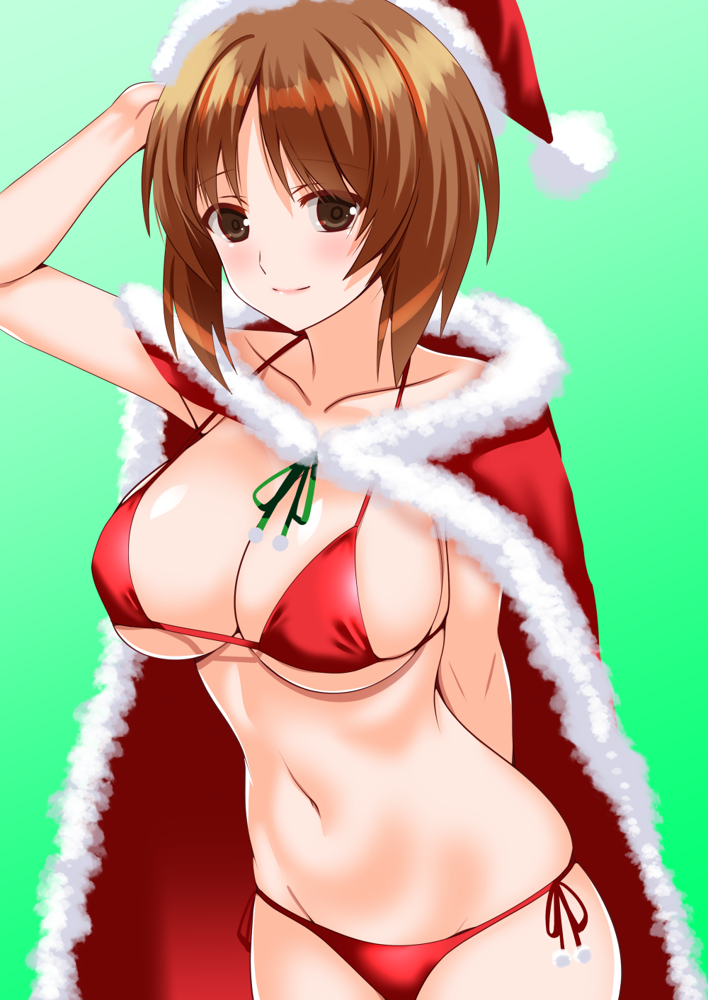 arm_behind_back, bikini, blush, breasts, brown_eyes, brown_hair, cape, cleavage