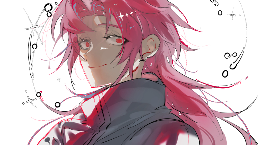 1boy, 94dokugen, closed_mouth, commentary_request, constricted_pupils, curtained_hair, eyes_visible_through_hair, grey_jacket