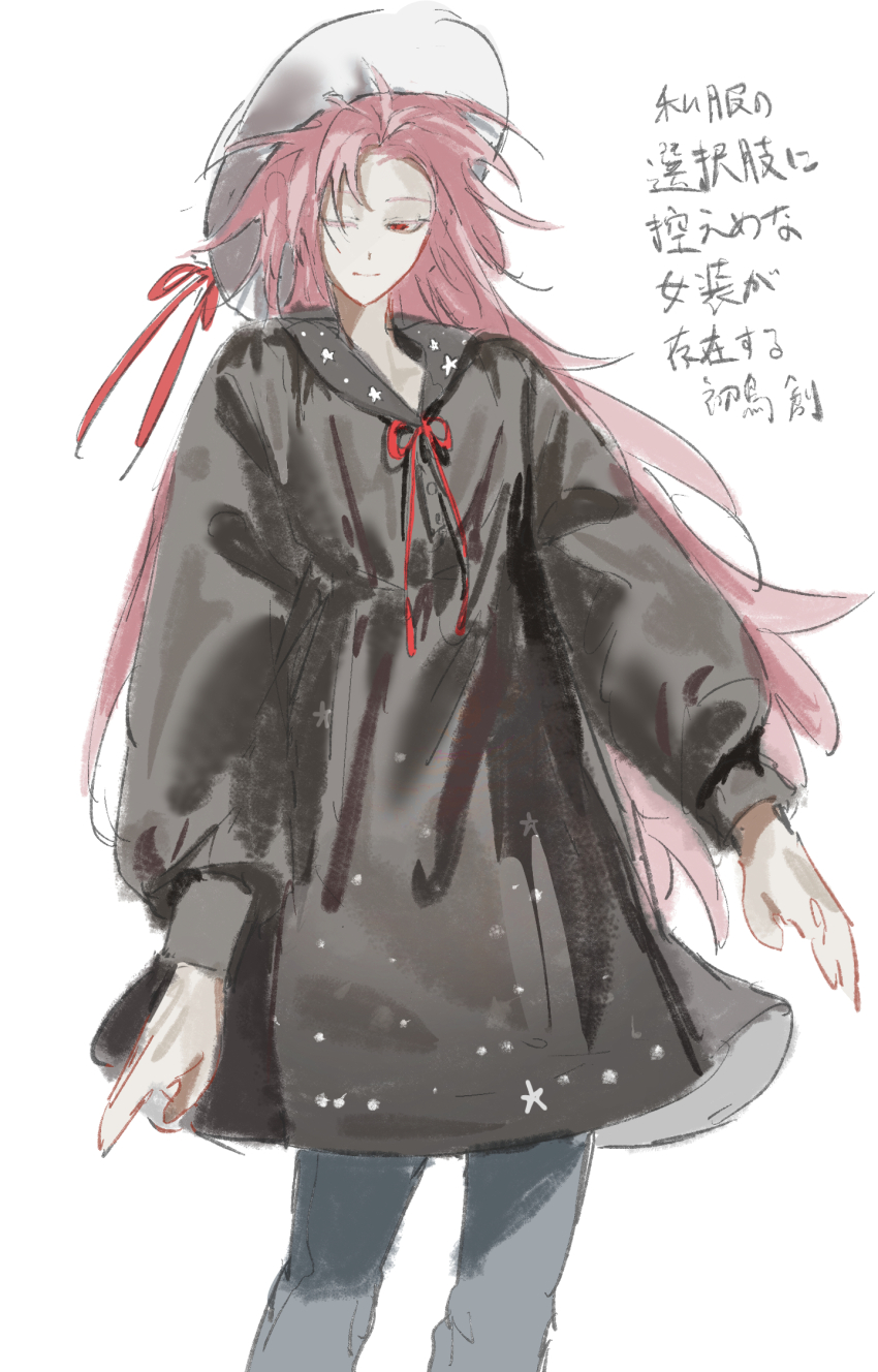 1boy, 94dokugen, ;), alternate_costume, black_dress, closed_mouth, collared_dress, colored_eyelashes, commentary_request, cowboy_shot, crossdressing, crossdressing_(mtf), dress, grey_pants, hat, hat_ribbon, hatsutori_hajime, highres, long_hair, long_sleeves, male_focus, neck_ribbon, one_eye_closed, pants, pink_hair, red_eyes, red_ribbon, ribbon, saibou_shinkyoku, simple_background, smile, solo, star_(symbol), star_print, translation_request, trap, white_background, white_hat