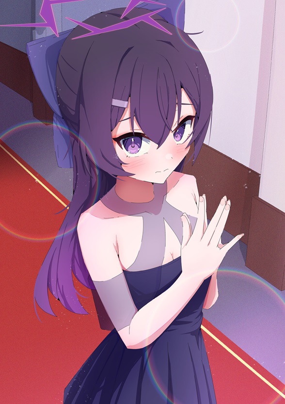 1girl, blue_archive, bow, dress, hair_between_eyes, hair_bow, halo, haruka_(blue_archive), haruka_(dress)_(blue_archive), indoors, long_hair, official_alternate_costume, own_hands_together, purple_dress, purple_eyes, purple_hair, purple_halo, red_carpet, relief_07, solo