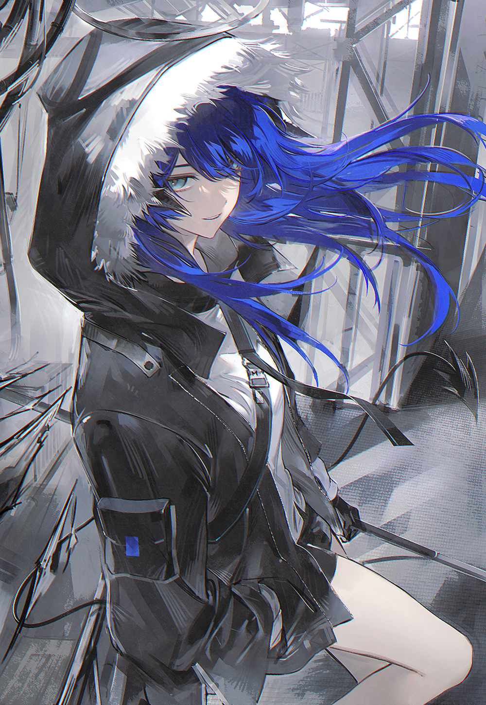 1girl, arknights, black_jacket, blue_eyes, blue_hair, collared_jacket, commentary, ddinut, fur-trimmed_hood, fur_trim, hair_between_eyes, hand_in_pocket, highres, holding, holding_weapon, hood, hood_up, hooded_jacket, jacket, light_smile, long_hair, long_sleeves, looking_at_viewer, mostima_(arknights), outdoors, partially_shaded_face, scaffolding, shirt, solo, strap, thighs, truss, turning_head, weapon, white_shirt, wind