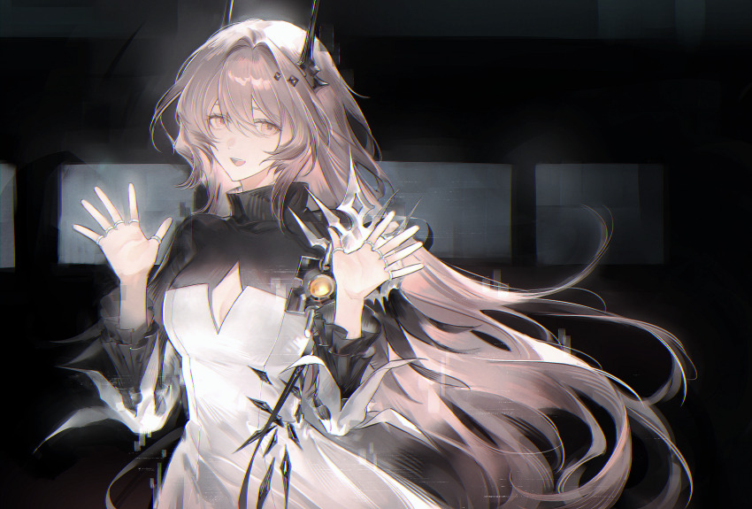 1girl, :d, arknights, black_background, black_horns, breasts, cleavage, cleavage_cutout, clothing_cutout, commentary_request, ddinut, dress, glitch, hair_between_eyes, hair_intakes, hands_up, highres, horns, jewelry, long_hair, long_sleeves, looking_at_viewer, medium_breasts, open_mouth, pink_eyes, pink_hair, ring, smile, solo, teeth, theresa_(arknights), turtleneck, turtleneck_dress, upper_teeth_only, waving, white_dress