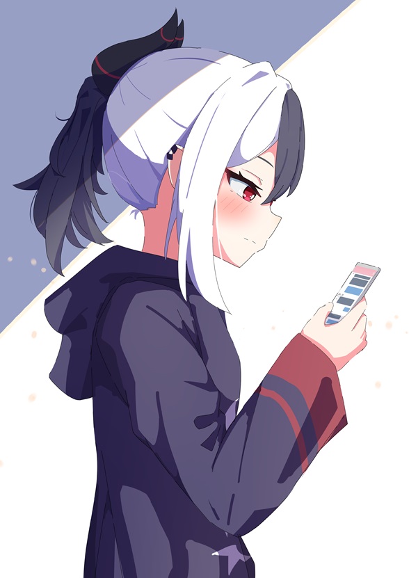 1girl, black_hair, black_horns, blue_archive, closed_mouth, demon_horns, earclip, hair_between_eyes