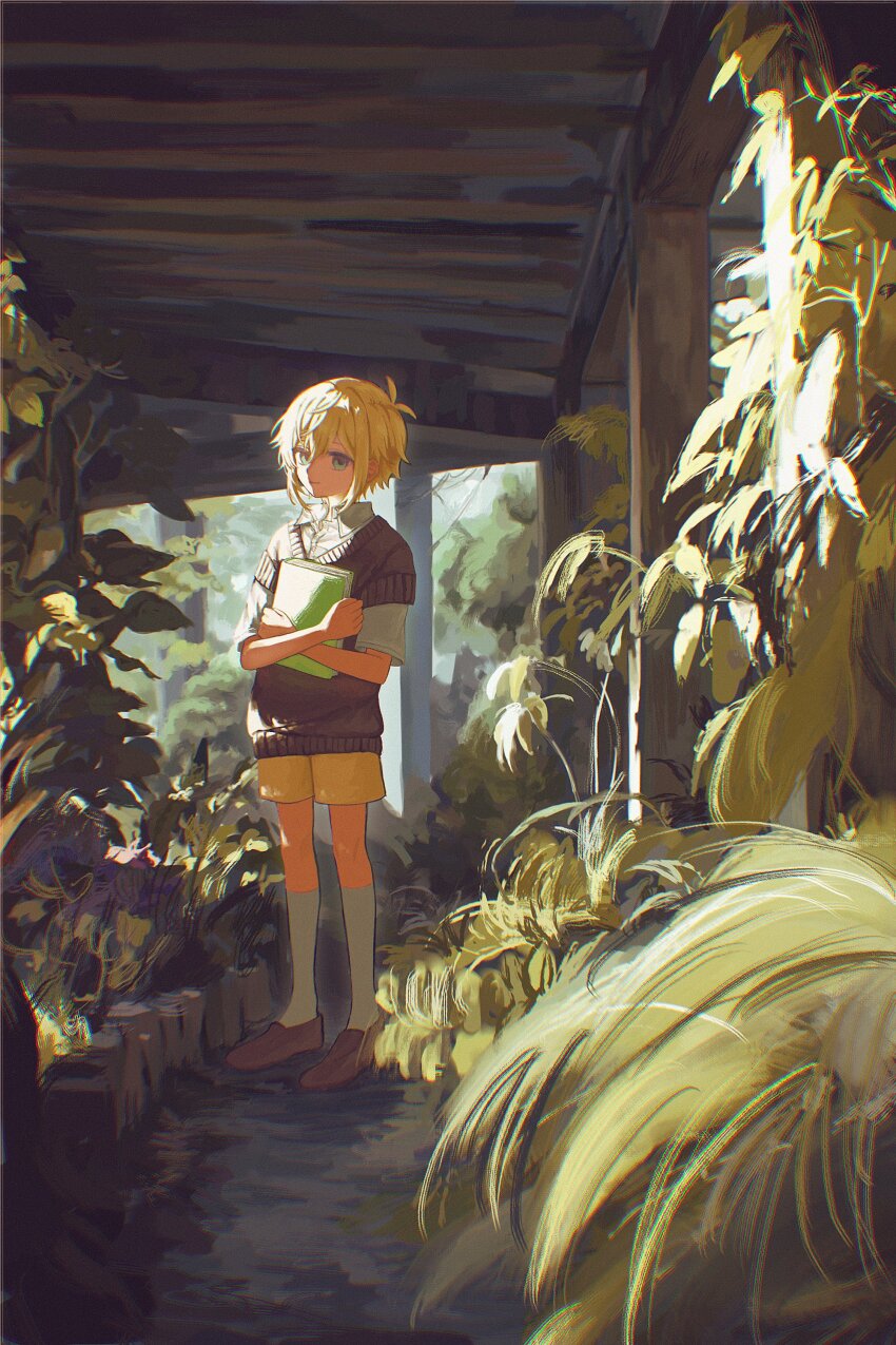 1boy, absurdres, alternate_costume, antenna_hair, basil_(faraway)_(omori), basil_(omori), black_sweater_vest, blonde_hair, blue_eyes, book, brown_footwear, brown_shorts, closed_mouth, day, flower, griffon0416, hair_flower, hair_ornament, highres, holding, holding_book, indoors, looking_at_viewer, male_focus, omori, outdoors, plant, short_hair, shorts, smile, socks, solo, sweater_vest, white_socks