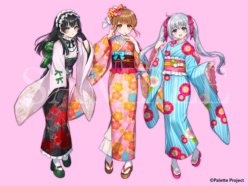 3girls, :d, akatsuki_clara, black_gloves, black_hair, blush, brown_eyes, brown_flower