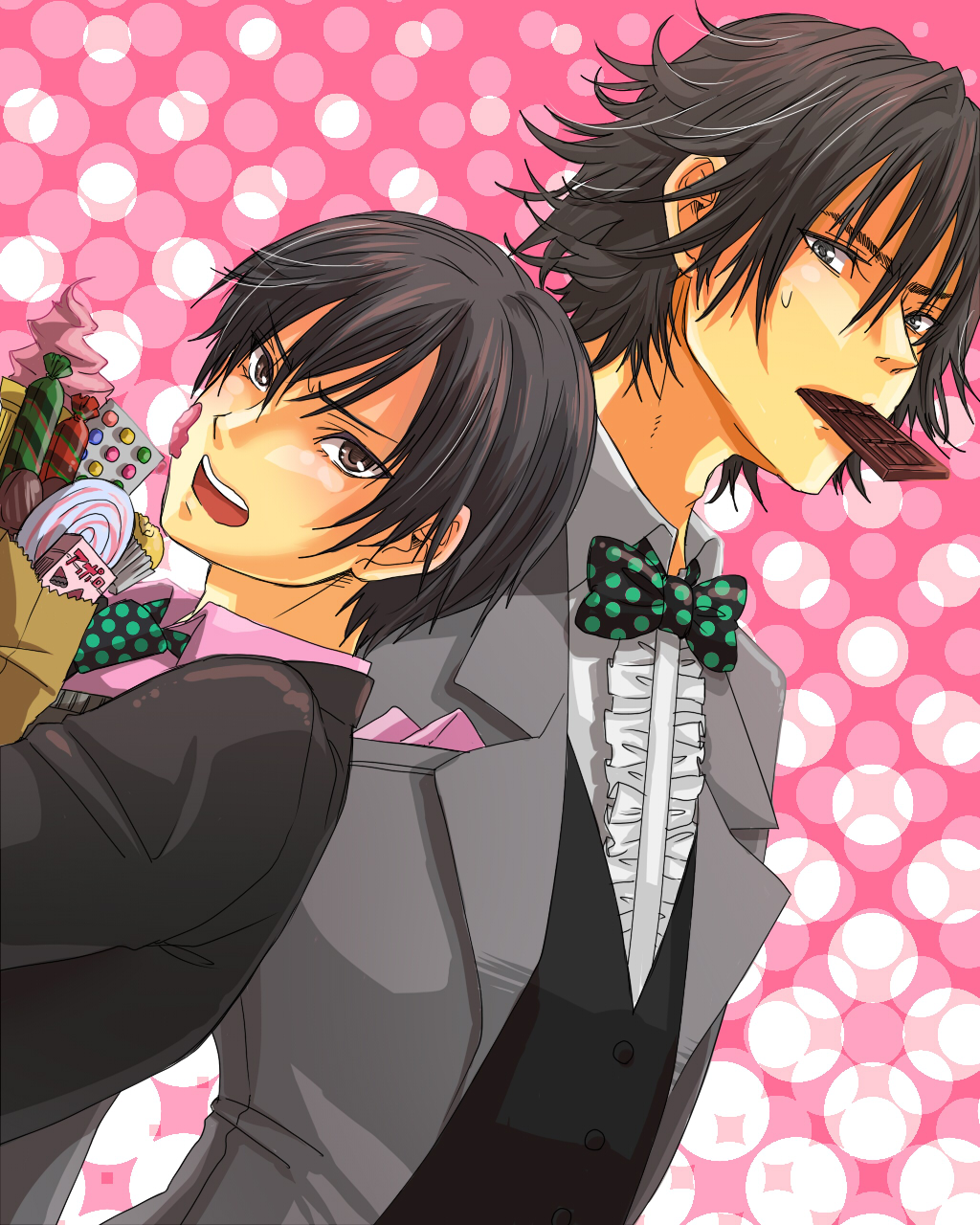 00s, 2boys, black_hair, blue_eyes, bow, bowtie, brown_eyes, candy, chocolate, formal_clothes, gantz, highres, inaba_kouki, multiple_boys, nishi_jouichirou, polka_dot, short_hair