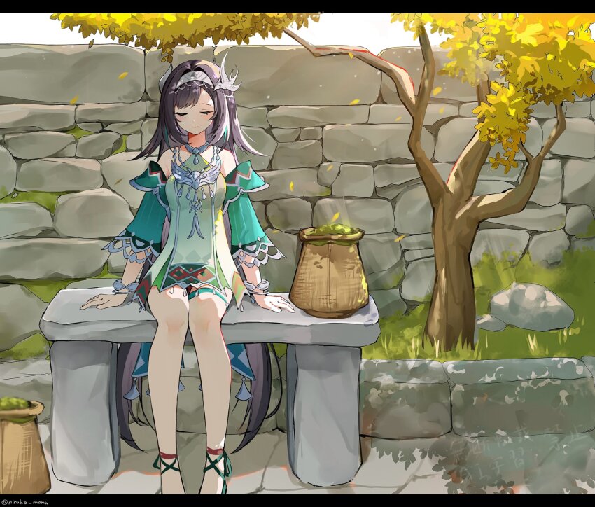 1girl, arm_support, bare_shoulders, basket, bench, bird_hair_ornament, black_border, black_hair