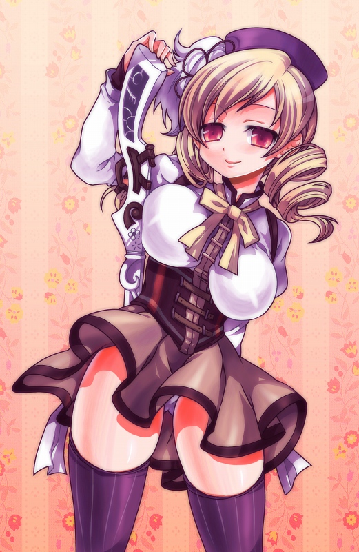 10s, 1girl, arm_behind_back, beret, blonde_hair, breasts, corset, drill_hair