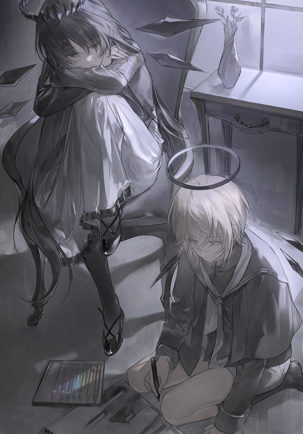 1boy, 1girl, arknights, black_footwear, black_hair, black_halo, black_pantyhose, blonde_hair