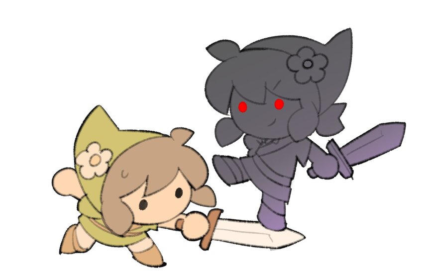 2girls, brown_footwear, brown_hair, closed_mouth, commentary, cosplay, dark_link, dark_link_(cosplay)