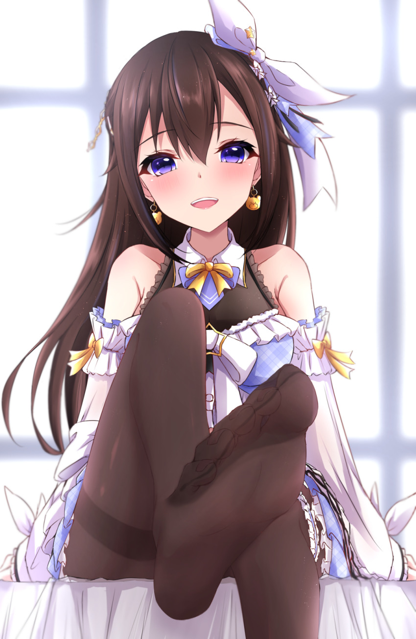 1girl, :d, armpit_crease, bare_shoulders, blurry, blurry_background, bow, bowtie, breasts, brown_hair, brown_pantyhose, collared_shirt, convenient_leg, detached_sleeves, earrings, eyelashes, feet, foot_focus, foot_out_of_frame, foreshortening, frills, hair_between_eyes, hair_bow, highres, hololive, indoors, jewelry, knee_up, legs, long_hair, long_sleeves, looking_at_viewer, medium_breasts, moezi, nail_polish, no_shoes, open_mouth, pantyhose, pink_nails, purple_eyes, shadow, shirt, sitting, smile, soles, solo, teeth, thigh_strap, toenail_polish, toenails, toes, tokino_sora, upper_teeth_only, virtual_youtuber, yellow_bow, yellow_bowtie