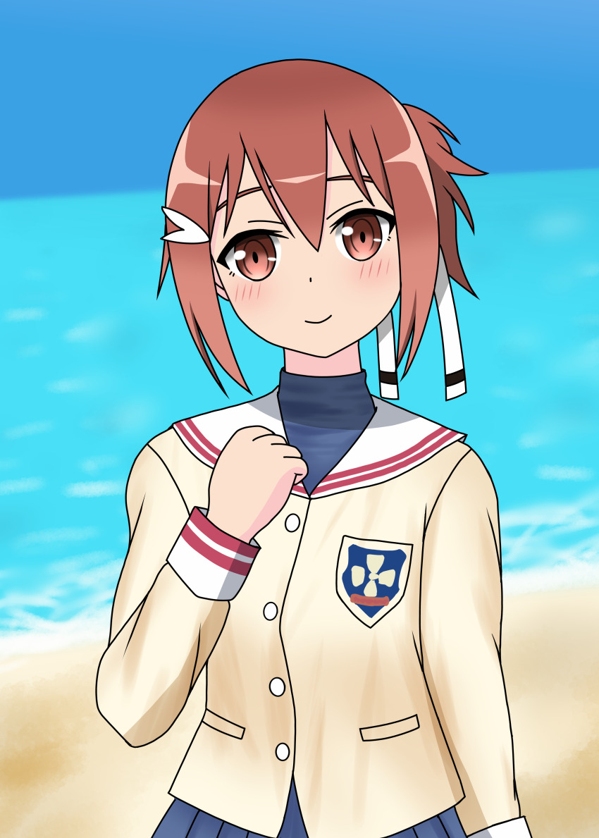 1girl, absurdres, amitariri, beach, blue_skirt, blush, brown_eyes, brown_hair