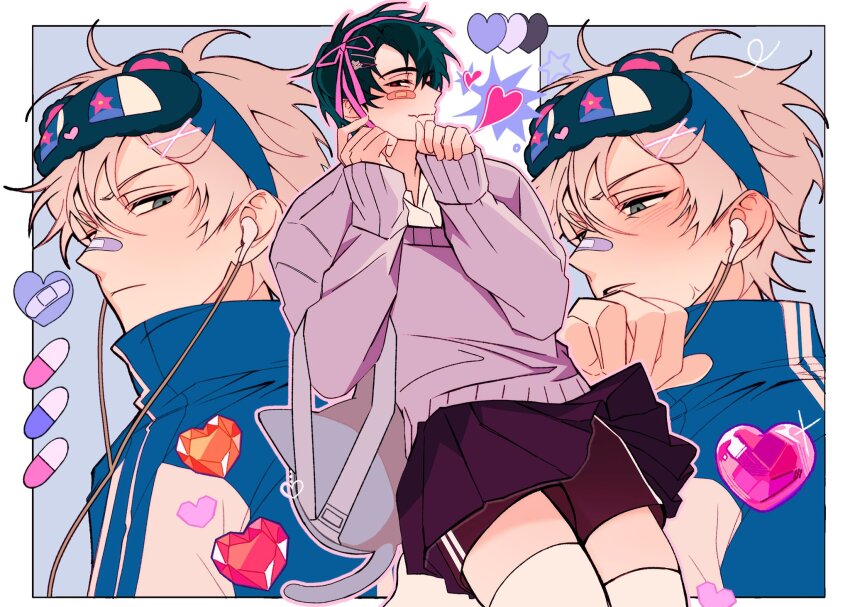 2boys, alien_stage, animal_bag, bandaid, bandaid_on_face, bandaid_on_nose, black_eyes, black_hair, black_shorts, black_skirt, blue_jacket, cat_bag, commentary, crossdressing, crossdressing_(mtf), earbuds, earphones, fang, green_eyes, grey_hair, grey_sweater, hair_ornament, hair_ribbon, hairclip, hashtag-only_commentary, heart, heart-shaped_gem, highres, ivan_(alien_stage), jacket, male_focus, mask, mask_on_head, multiple_boys, nyugi0v0, official_alternate_costume, pill, pink_ribbon, red_pupils, ribbon, short_hair, shorts, shorts_under_skirt, skin_fang, skirt, sleep_mask, sleeves_past_wrists, sweater, thighhighs, till_(alien_stage), very_short_hair, white_thighhighs, yaoi