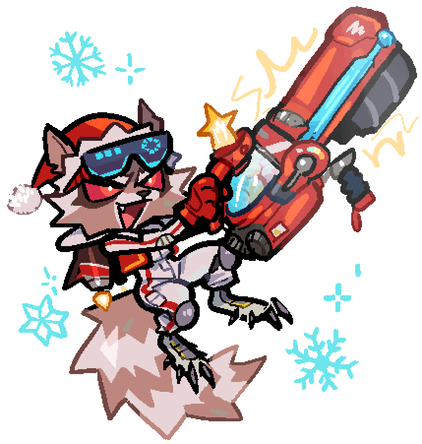 1boy, chibi, colored_sclera, commentary, english_commentary, fangs, furry, furry_male, gloves, goggles, goggles_on_head, gun, hat, holding, holding_gun, holding_weapon, jetpack, male_focus, marvel, marvel_rivals, milkvislon, open_mouth, red_eyes, red_gloves, red_sclera, rocket_raccoon, rocket_raccoon_(wild_winter), santa_hat, snowflakes, weapon, white_background