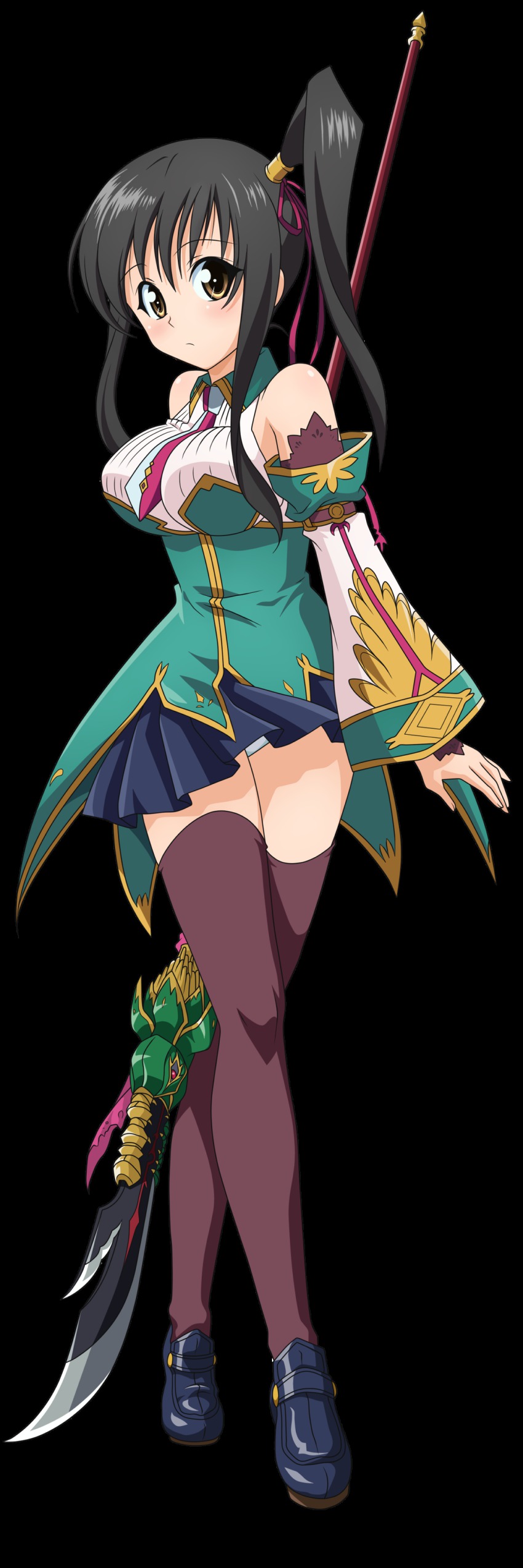 1girl, absurdres, black_hair, black_thighhighs, brown_eyes, cosplay, derivative_work, detached_sleeves, female_focus, hair_ribbon, highres, kan'u_(cosplay), kan'u_(koihime_musou), koihime_musou, legs, long_hair, panties, pantyshot, polearm, ponytail, ribbon, short_hair, solo, thighhighs, third-party_edit, transparent_background, underwear, vector_trace, very_long_hair, weapon, zettai_ryouiki