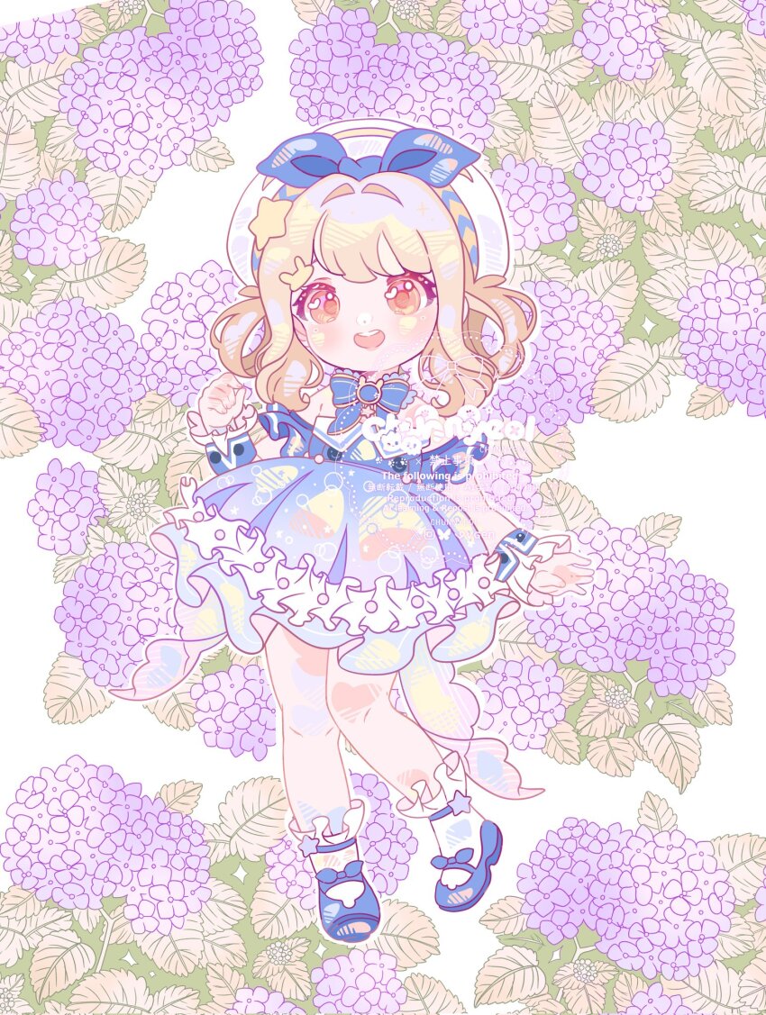 1girl, back_bow, bare_legs, bare_shoulders, beads, beret, blonde_hair, blue_bow