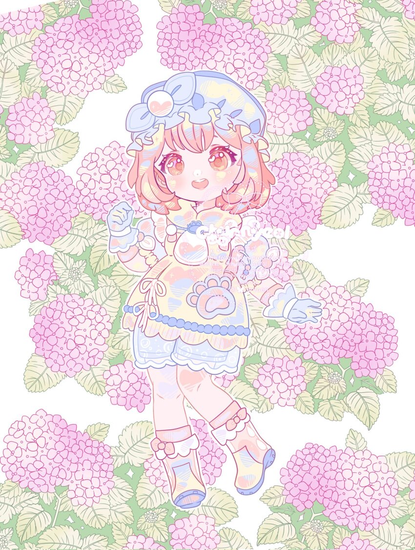 1girl, ankle_socks, apron, ascot, blue_bow, blue_gloves, blue_hat, blue_shirt, blue_shorts, blush, boots, bow, brooch, bubble_print, bye-bye_dust_(infinity_nikki), chunnyeol, commentary, deformed, dot_nose, english_commentary, eyelashes, floral_background, flower, footwear_bow, frilled_gloves, frilled_headwear, frilled_sleeves, frills, full_body, gloves, hand_up, hat, hat_bow, heart, heart_in_eye, highres, infinity_nikki, jewelry, knees, leaf, medium_hair, mob_cap, multicolored_boots, nikki_(nikki), nikki_(series), open_mouth, orange_eyes, orange_hair, paw_print, pink_boots, pink_bow, pink_socks, pocket, pom_pom_hat_ornament, puffy_short_sleeves, puffy_sleeves, purple_flower, rubber_boots, scarf, shirt, short_sleeves, shorts, smile, socks, solo, standing, symbol_in_eye, tareme, teeth, two-tone_boots, upper_teeth_only, watermark, white_ascot, white_background, yellow_apron, yellow_boots, yellow_scarf