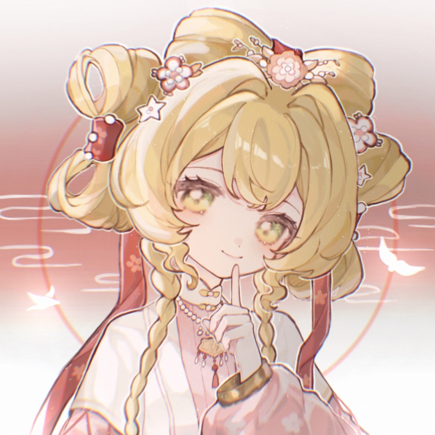 1girl, aa_huaju_pifa_ma_zong, blonde_hair, braid, chinese_clothes, closed_mouth, finger_to_mouth, flower, gradient_background, green_eyes, hair_flower, hair_ornament, hair_ribbon, hand_up, hanfu, highres, index_finger_raised, jewelry, long_hair, long_sleeves, looking_at_viewer, necklace, official_alternate_costume, pearl_necklace, pink_background, pink_flower, pink_hanfu, puffy_long_sleeves, puffy_sleeves, red_ribbon, reverse:1999, ribbon, shuangyaji, smile, smoke, solo, sotheby, sotheby_(the_red_thread_of_fate), twin_braids, upper_body