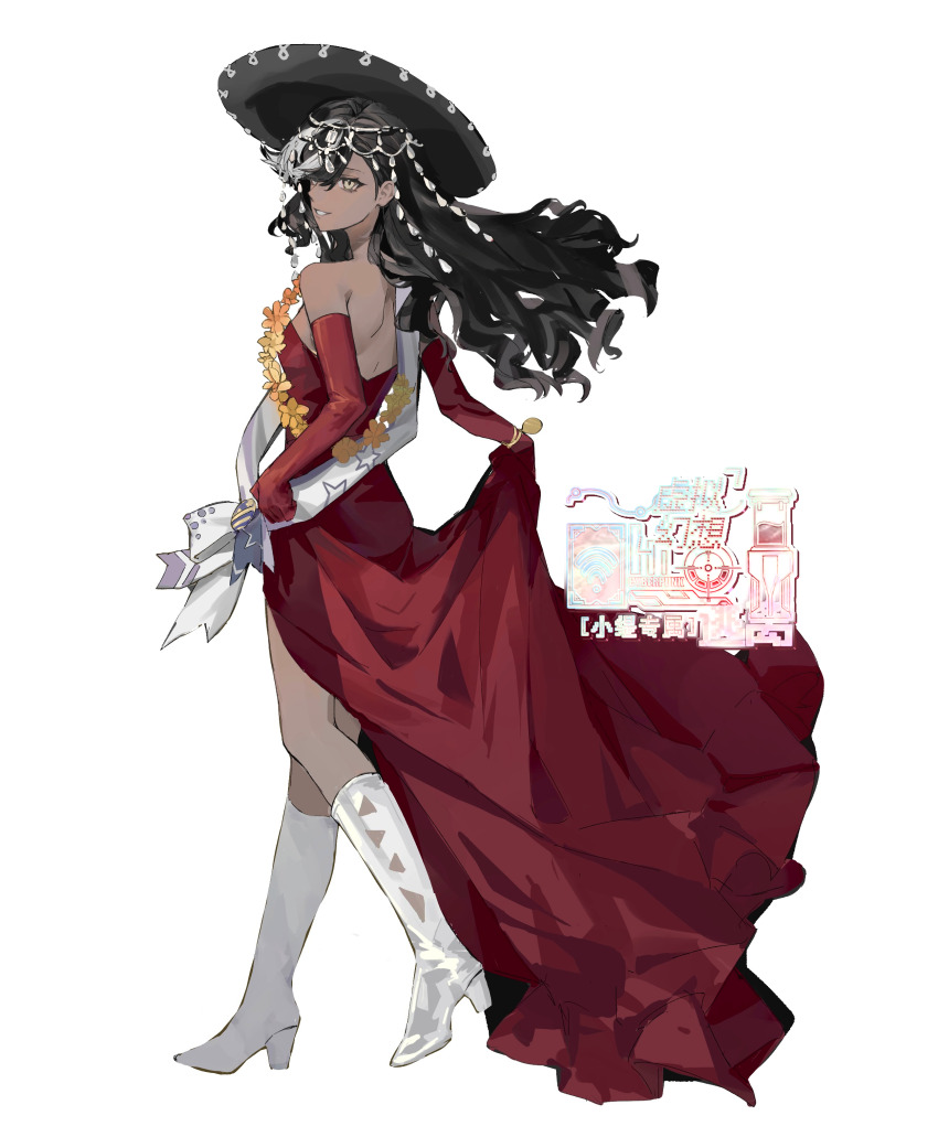 1girl, absurdres, artist_request, back, bare_shoulders, black_hair, black_hat, boots