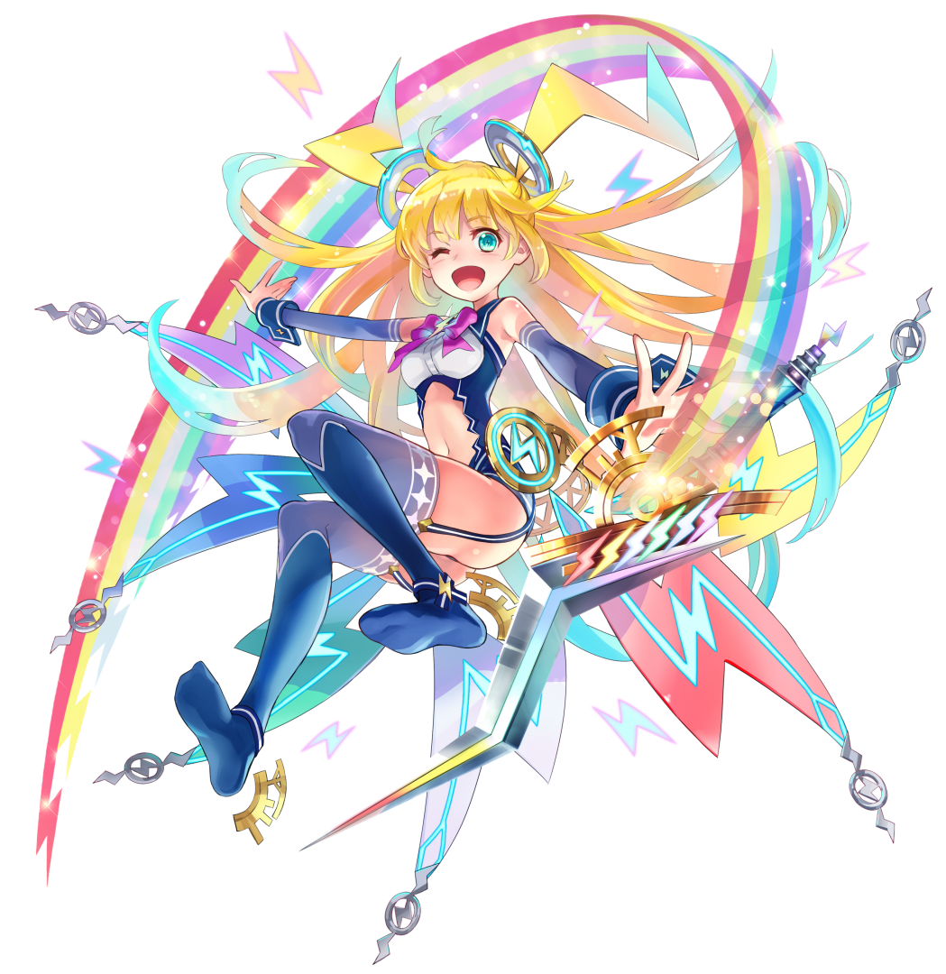 1girl, ;d, ahoge, aqua_eyes, aqua_hair, ass, blonde_hair, blue_thighhighs, bow, bowtie, clothing_cutout, da-kuro, dempa-chan_(phantom_of_the_kill), dempagumi, detached_sleeves, floating, floating_hair, floating_headgear, floating_object, floating_sword, floating_weapon, full_body, gradient_hair, lightning_bolt_symbol, long_hair, looking_at_viewer, multicolored_hair, no_shoes, official_art, one_eye_closed, open_mouth, outstretched_arms, phantom_of_the_kill, purple_bow, purple_bowtie, rainbow, second-party_source, simple_background, smile, solo, stomach_cutout, sword, thighhighs, thighs, transparent_background, two_side_up, weapon