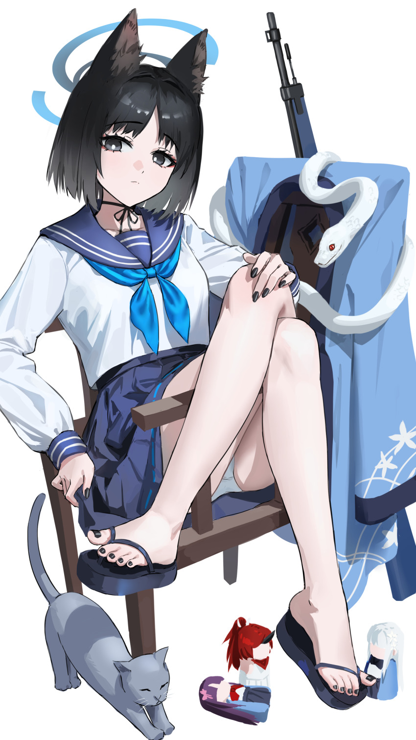 1girl, absurdres, animal_ear_fluff, animal_ears, black_eyes, black_footwear, black_hair, black_nails, blue_archive, blue_halo, blue_haori, blue_jacket, blue_neckerchief, blue_sailor_collar, blue_skirt, bright_pupils, cat, cat_ears, cat_girl, cat_stretch, character_doll, closed_mouth, commentary, crossed_legs, crotch_seam, doll, fingernails, grey_cat, halo, haori, highres, hyakkaryouran_(blue_archive), jacket, japanese_clothes, kikyou_(blue_archive), long_sleeves, looking_at_viewer, nagusa_(blue_archive), nail_polish, neckerchief, panties, renge_(blue_archive), sailor_collar, sandals, school_uniform, serafuku, short_hair, shortofsugar, simple_background, sitting, skirt, snake, stretching, toenail_polish, toenails, toes, underwear, unworn_haori, unworn_jacket, white_background, white_panties, white_pupils, white_snake, yukari_(blue_archive), zouri