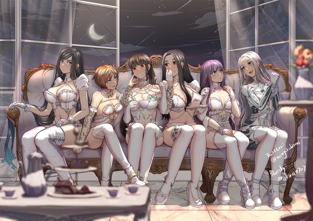 6+girls, akira_(live2bakira), android, artist_name, black_hair, blue_eyes, breasts, brown_eyes, couch, cup, enya_(stellar_blade), eve_(stellar_blade), flower, gloves, grey_hair, holding, holding_cup, kaya_(stellar_blade), lily_(stellar_blade), lingerie, long_hair, midriff, moon, multiple_girls, navel, night, on_couch, own_hands_together, ponytail, purple_hair, raven_(stellar_blade), revision, sample_watermark, sitting, sky, smile, stellar_blade, tachy_(stellar_blade), thighhighs, underwear, vase, watermark, white_footwear, white_gloves, white_thighhighs