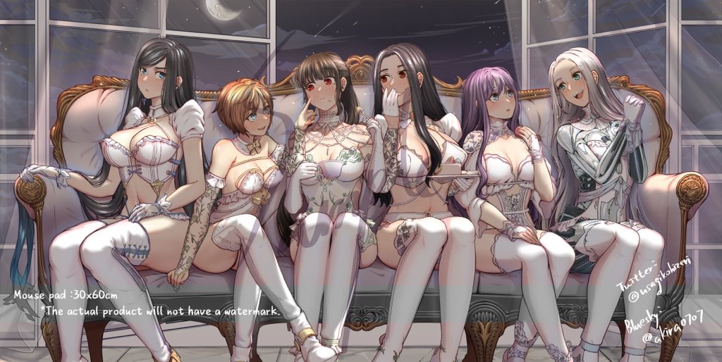 6+girls, akira_(live2bakira), android, artist_name, black_hair, blue_eyes, breasts, brown_eyes