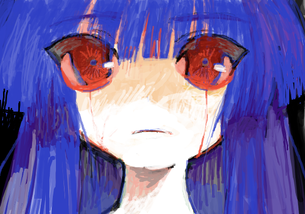 1girl, 8eyes, blood, bloodshot_eyes, bloody_tears, blue_hair, blunt_bangs, hime_cut, original, pale_skin, red_eyes, rgb_paw, solo, yogurt200