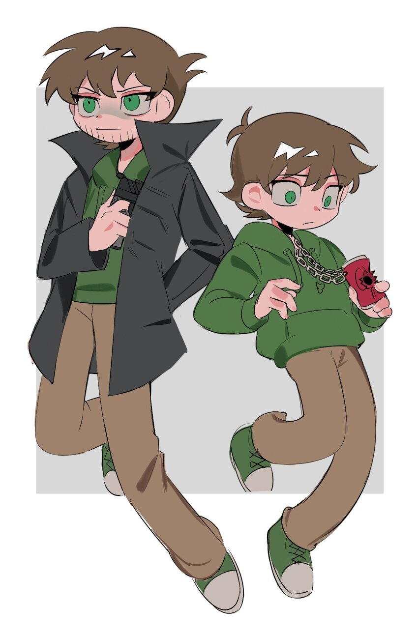 2boys, antenna_hair, back-to-back, black_jacket, border, brown_hair, brown_pants, can