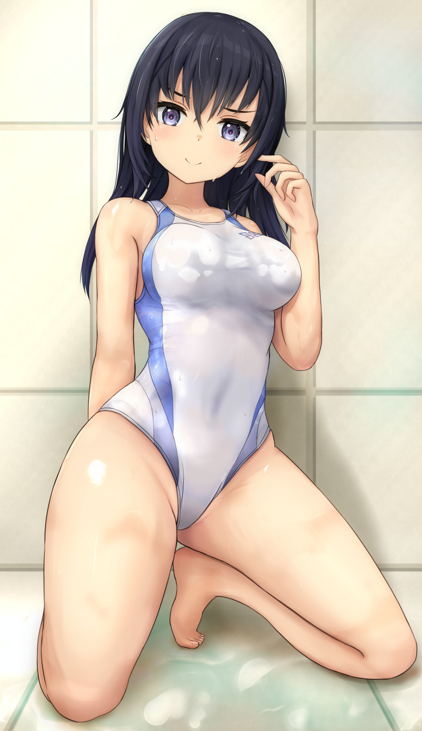 1girl, absurdres, agatsuma_kei, alice_gear_aegis, bathroom, black_hair, blush, breasts, commentary_request, competition_school_swimsuit, hair_between_eyes, highres, indoors, large_breasts, long_hair, looking_at_viewer, mole, one-piece_swimsuit, purple_eyes, school_swimsuit, seseragi_(star4rats), smile, solo, swimsuit, white_one-piece_swimsuit