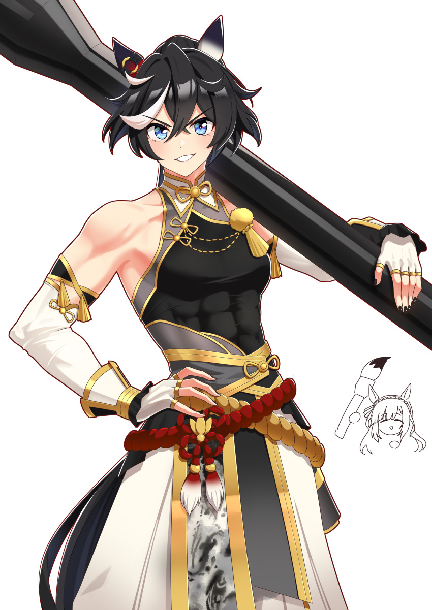 2girls, abs, absurdres, animal_ears, black_hair, blue_eyes, breasts, fingerless_gloves