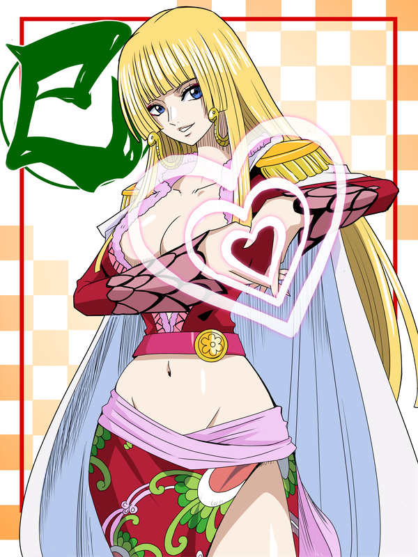 1d1htr, 1girl, blonde_hair, blue_eyes, boa_hancock, boa_hancock_(cosplay), breasts, cape, chinese_zodiac, cleavage, cosplay, crop_top, crossover, earrings, emilie_de_rochefort, heart, heart_hands, jewelry, large_breasts, long_hair, long_sleeves, one_piece, skirt, smile, snake, teeth, tekken, year_of_the_snake