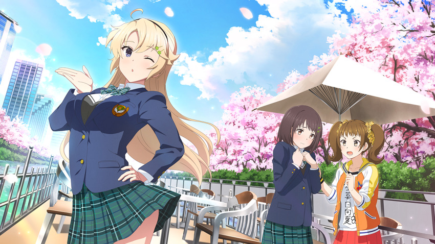 3girls, ahoge, blazer, blonde_hair, blowing_kiss, blue_eyes, blue_jacket, bow