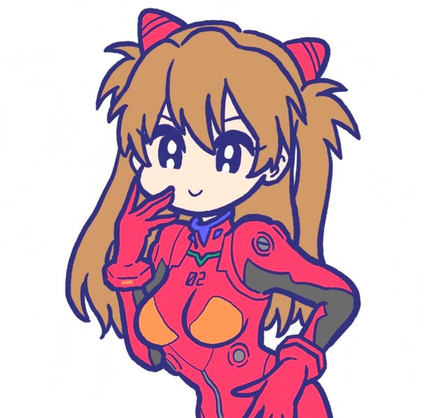 1girl, :>, bodysuit, breasts, brown_hair, chibi, conix, interface_headset_(evangelion)