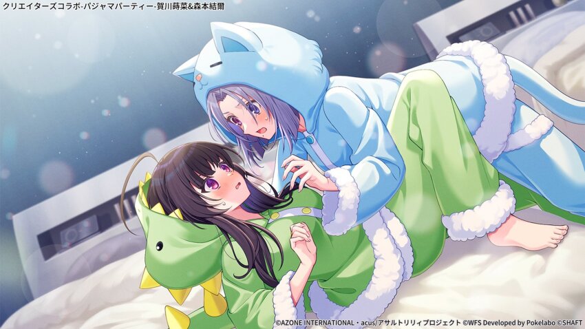 2girls, :3, ahoge, animal_ears, animal_hood, arm_support, artist_request, assault_lily