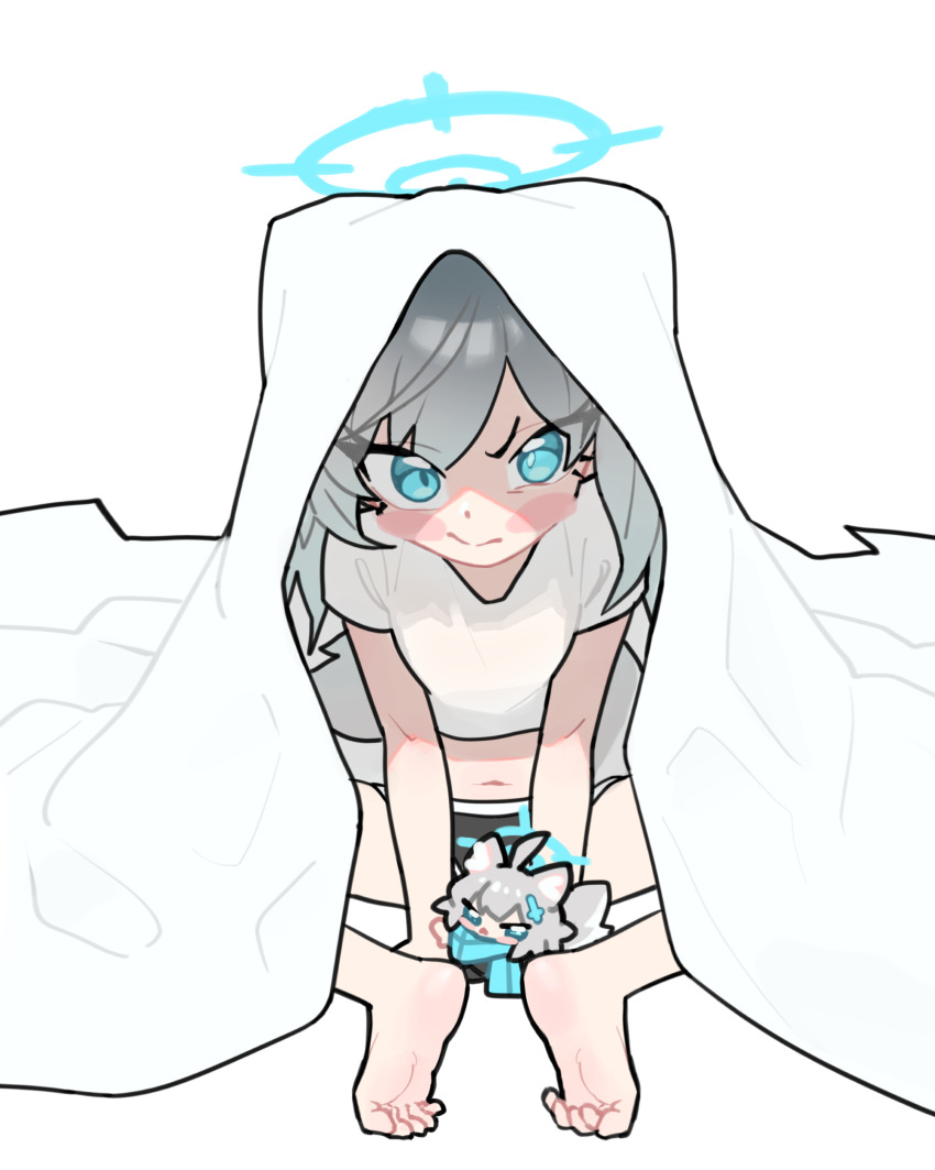 1girl, absurdres, barefoot, blue_archive, blue_eyes, blue_halo, butterfly_sitting, chibi, feet, grey_hair, halo, highres, ishikoro24, looking_at_viewer, navel, no_shoes, shiroko_(blue_archive), shirt, shorts, simple_background, sitting, soles, solo, t-shirt, toe_scrunch, toes, white_background, white_shirt