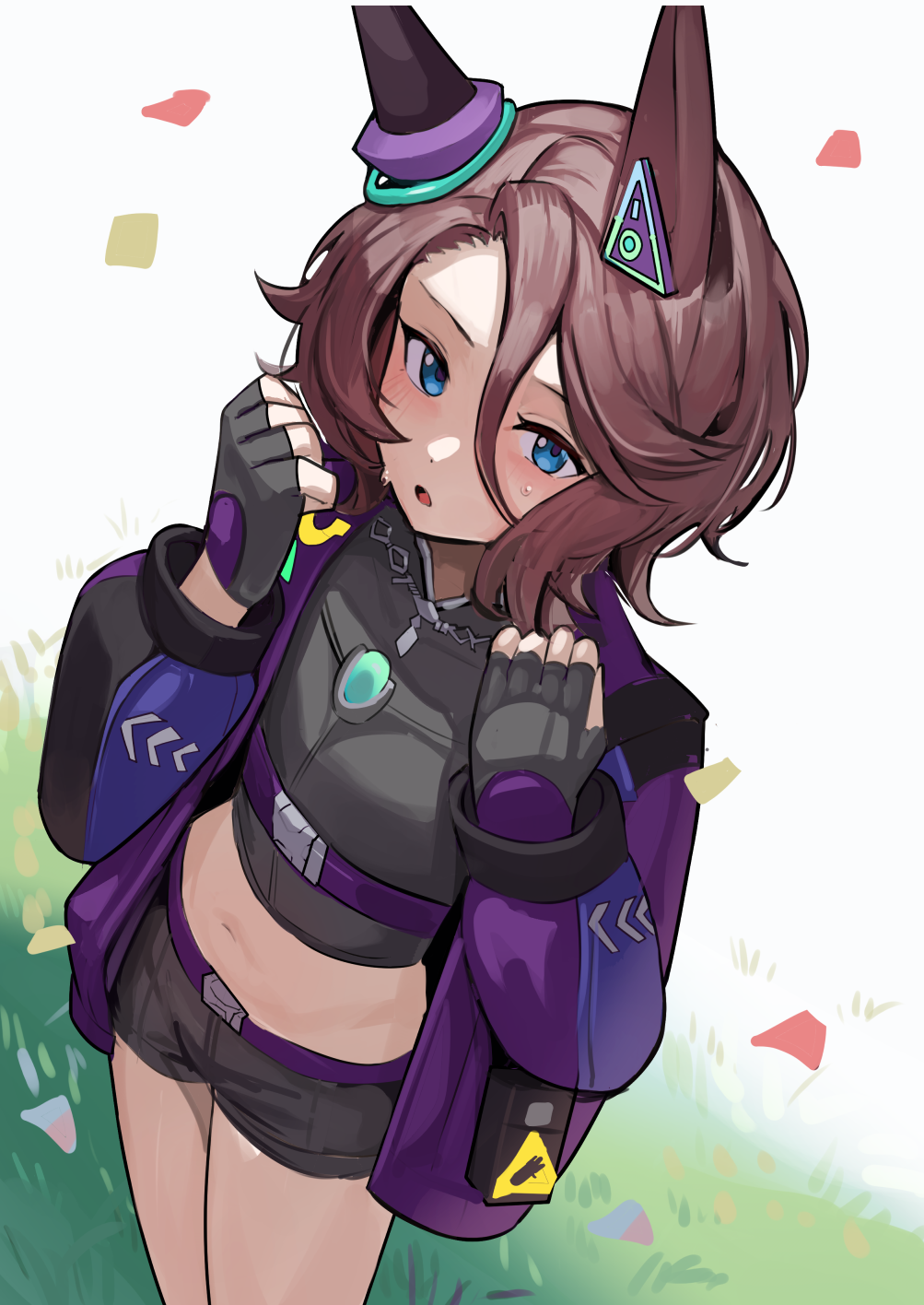 1girl, animal_ears, belt, bike_shorts, black_gloves, black_shorts, blue_eyes, breasts, brown_hair, cellphone, commentary_request, contrapposto, cowboy_shot, fingerless_gloves, gloves, hair_between_eyes, hand_on_own_hip, highres, horse_ears, horse_girl, jacket, midriff, narita_taishin_(stray_light_override)_(umamusume), narita_taishin_(umamusume), navel, open_clothes, open_jacket, phone, purple_belt, purple_jacket, short_hair, shorts, simple_background, small_breasts, smartphone, solo, solokitsune, umamusume, white_background