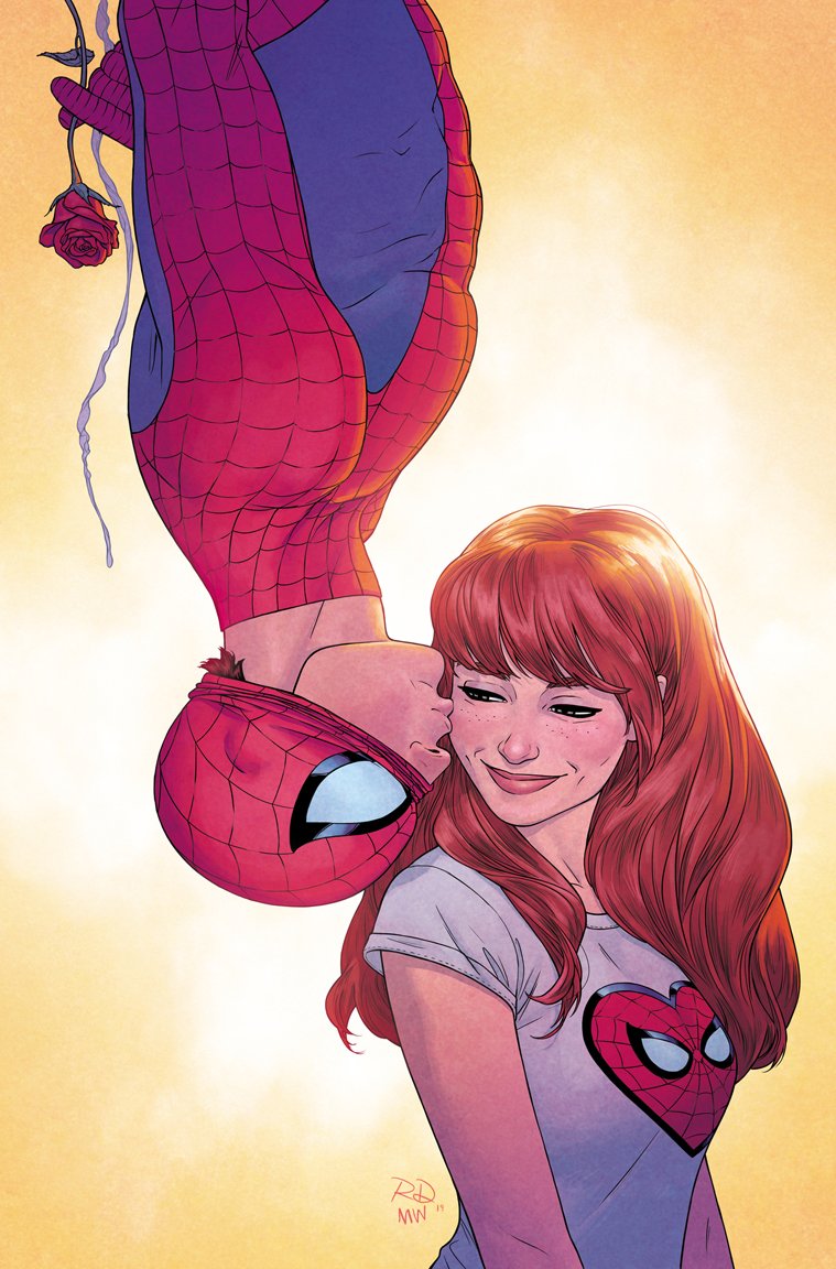 1boy, 1girl, artist_collaboration, blue_bodysuit, bodysuit, flower, gradient_background, hetero, kiss, kissing_cheek, long_hair, marvel, mary_jane_watson, mask_lift, matt_wilson, multicolored_bodysuit, print_shirt, red_bodysuit, red_flower, red_hair, red_rose, rose, russell_dauterman, shirt, short_sleeves, signature, spider-man, spider-man_(original_suit), spider-man_(series), two-tone_bodysuit, white_shirt, yellow_background