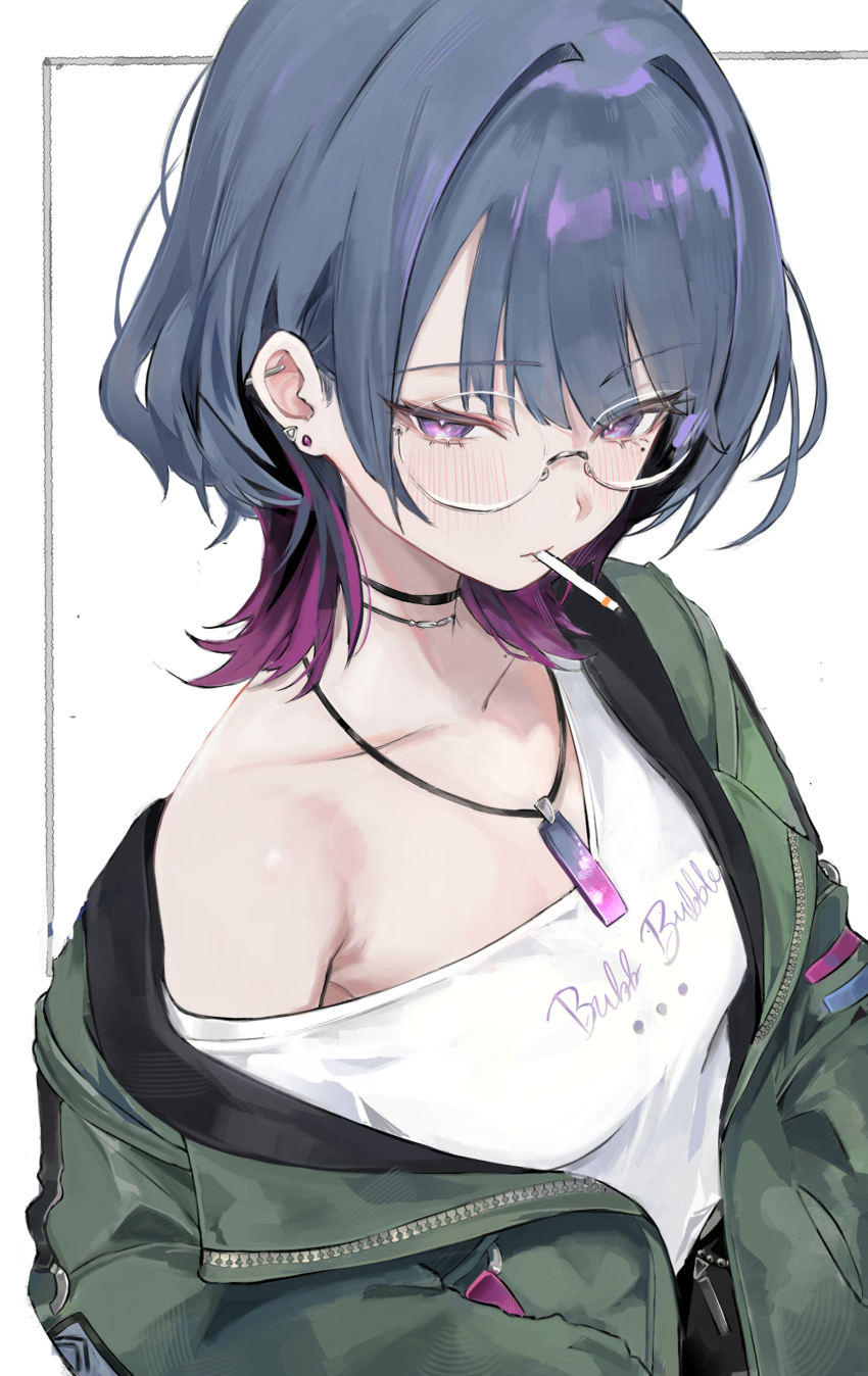 1girl, absurdres, black_choker, blue_hair, blush, breasts, choker, cigarette, clothes_writing, collarbone, colored_tips, commentary, ear_piercing, earrings, expressionless, green_jacket, highres, jacket, jewelry, koshimizu_toru, koshimizu_toru_(3rd_costume), looking_at_viewer, medium_breasts, mole, mole_under_eye, mouth_hold, multicolored_hair, necklace, nijisanji, origonz, piercing, purple_eyes, purple_hair, short_hair, single_bare_shoulder, solo, stud_earrings, unzipped, virtual_youtuber, zipper